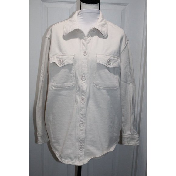 Good American Fleece Lined Collared Button Front Shacket Shirt Cream Ivory 00 - Picture 7 of 7